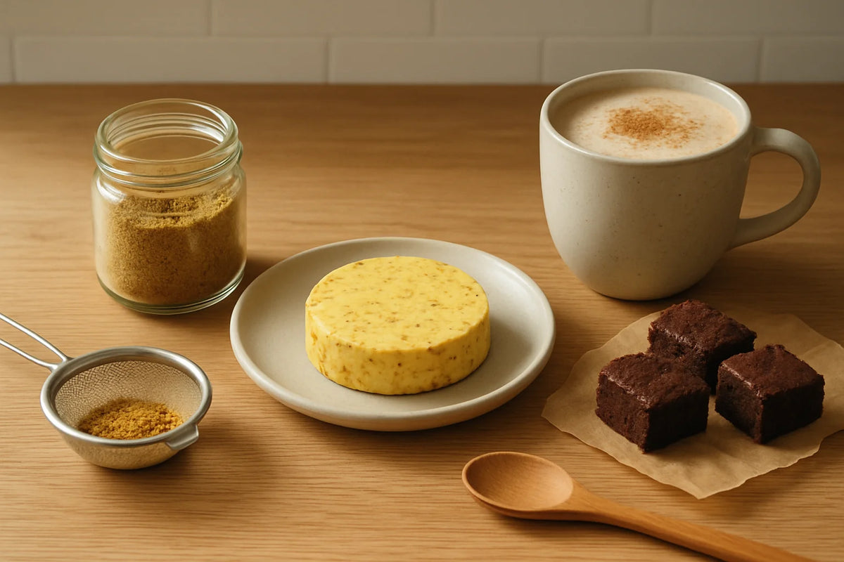 Kräuterbutter, Chai-Latte und Brownies aus AVB neben einem Glas gemahlener Kräuterreste