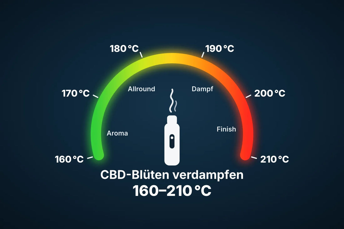 CBD-Blüten verdampfen: Vaporizer-Temperatur von 160 bis 210 Grad Celsius mit den Zonen Aroma, Allround, Dampf und Finish.