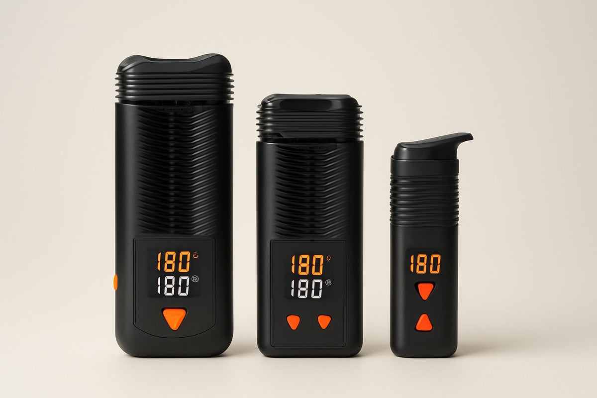 Drei tragbare Kräuter-Vaporizer nebeneinander auf hellem Grund