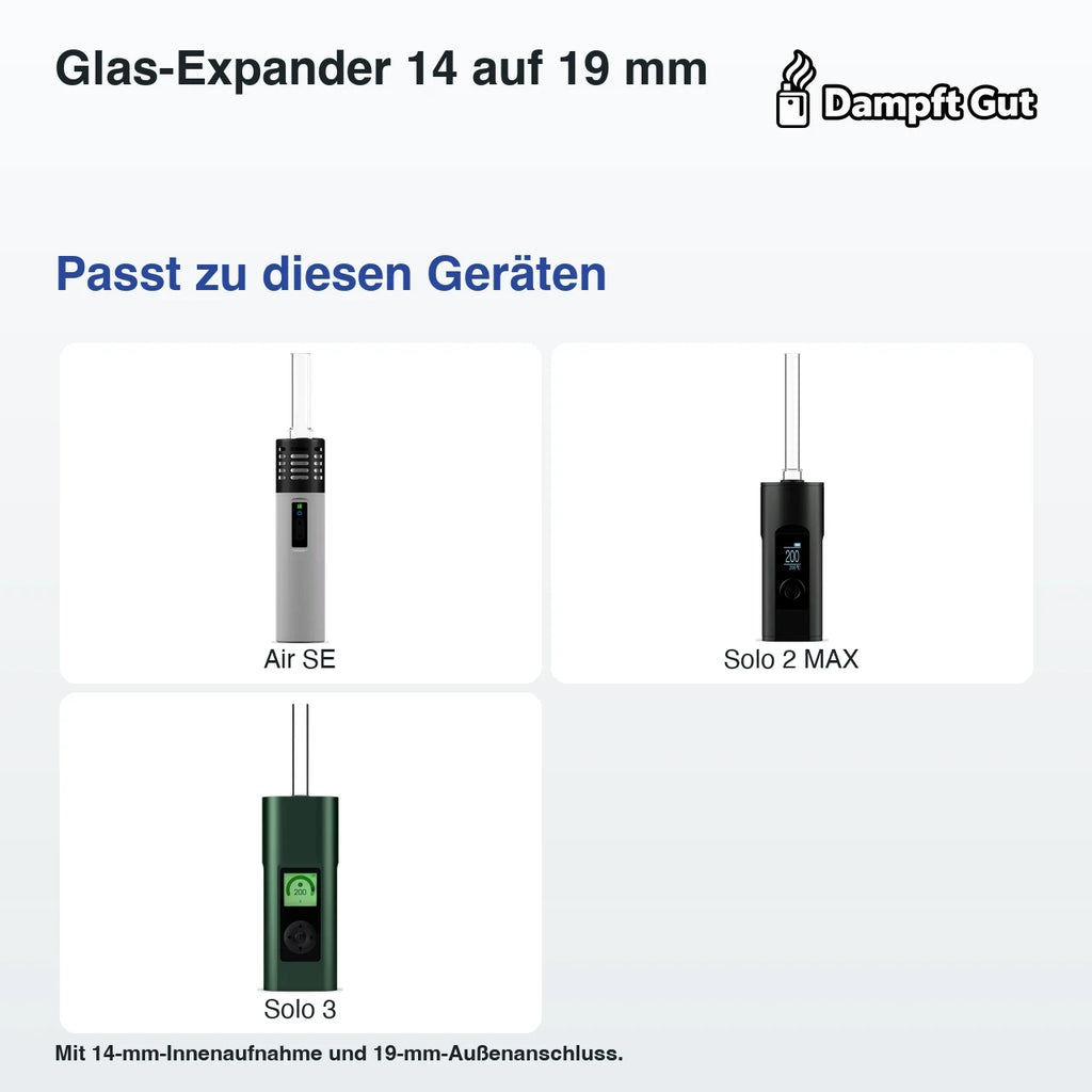 Glas-Expander 14 auf 19 mm – passende Geräte: Air SE, Solo 2 MAX, Solo 3; Mit 14-mm-Innenaufnahme und 19-mm-Außenanschluss.