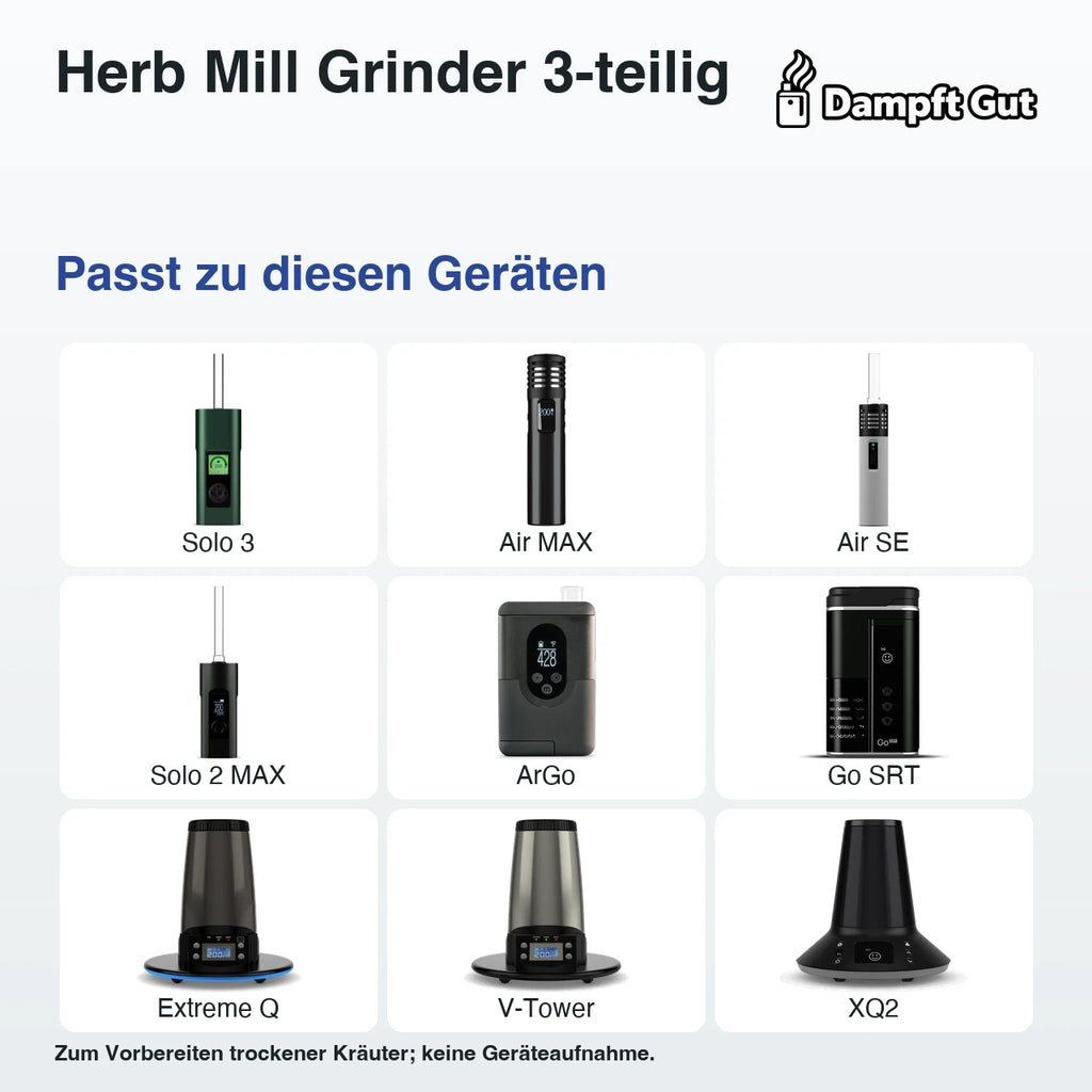Herb Mill Grinder 3-teilig – passende Geräte: Solo 3, Air MAX, Air SE, Solo 2 MAX, ArGo, Go SRT, Extreme Q, V-Tower, XQ2; Zum Vorbereiten trockener Kräuter; keine Geräteaufnahme.