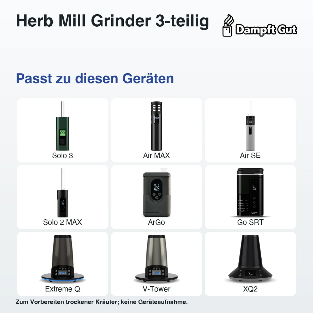 Herb Mill Grinder 3-teilig – passende Geräte: Solo 3, Air MAX, Air SE, Solo 2 MAX, ArGo, Go SRT, Extreme Q, V-Tower, XQ2; Zum Vorbereiten trockener Kräuter; keine Geräteaufnahme.