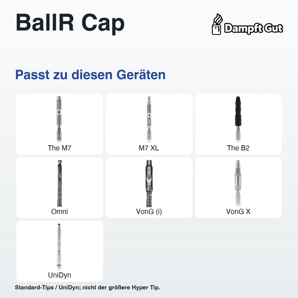 BallR Cap – passende Geräte: The M7, M7 XL, The B2, Omni, VonG (i), VonG X, UniDyn; Standard-Tips / UniDyn; nicht der größere Hyper Tip.