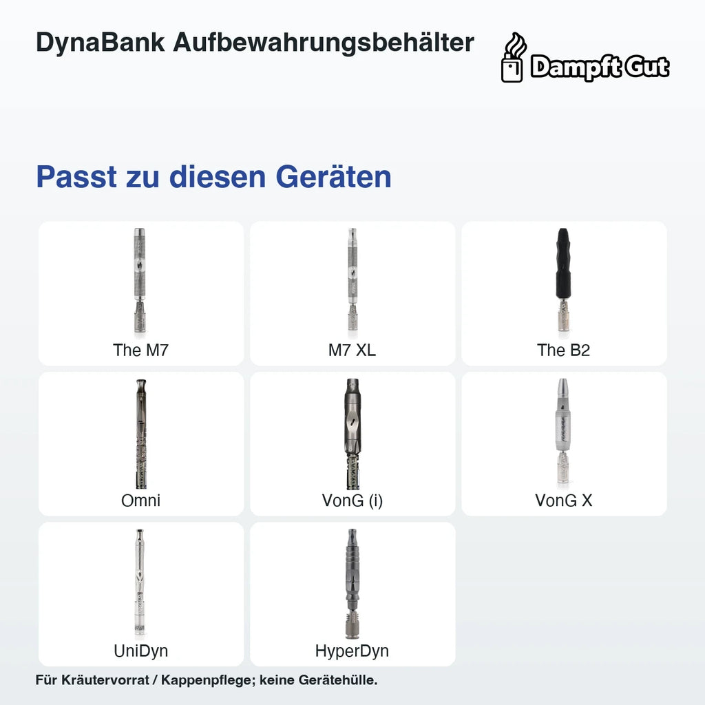 DynaBank Aufbewahrungsbehälter – passende Geräte: The M7, M7 XL, The B2, Omni, VonG (i), VonG X, UniDyn, HyperDyn; Für Kräutervorrat / Kappenpflege; keine Gerätehülle.
