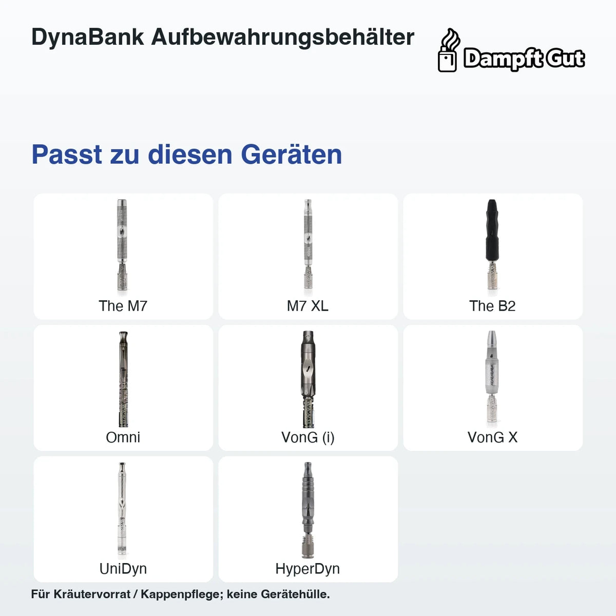 DynaBank Aufbewahrungsbehälter – passende Geräte: The M7, M7 XL, The B2, Omni, VonG (i), VonG X, UniDyn, HyperDyn; Für Kräutervorrat / Kappenpflege; keine Gerätehülle.