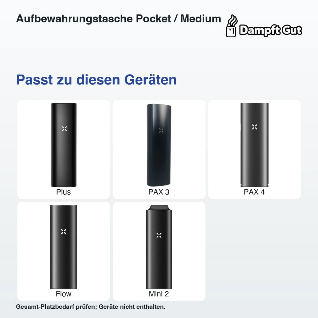 Aufbewahrungstasche Pocket / Medium – passende Geräte: Plus, PAX 3, PAX 4, Flow, Mini 2; Gesamt-Platzbedarf prüfen; Geräte nicht enthalten.