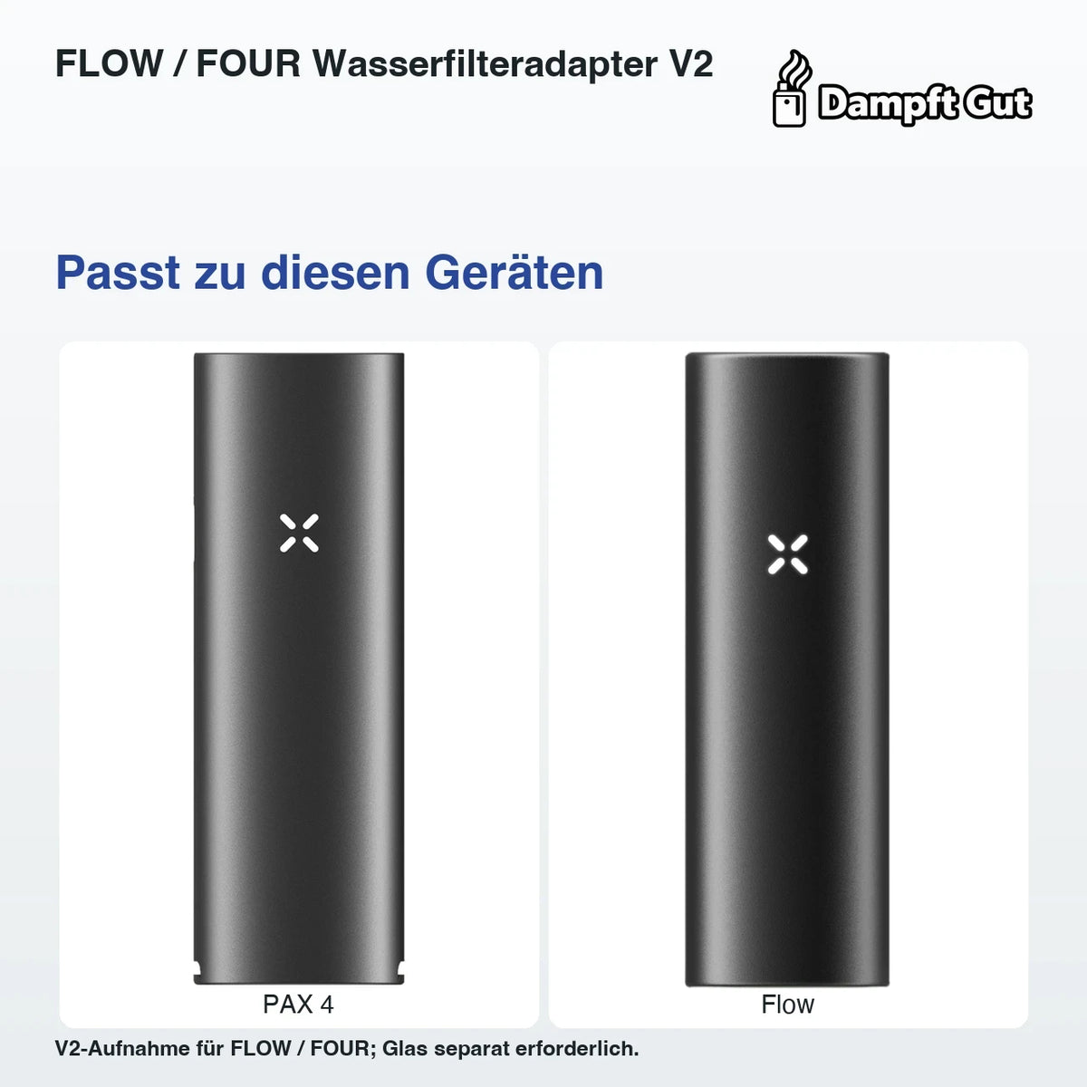 FLOW / FOUR Wasserfilteradapter V2 – passende Geräte: PAX 4, Flow; V2-Aufnahme für FLOW / FOUR; Glas separat erforderlich.