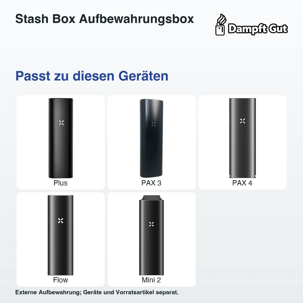Stash Box Aufbewahrungsbox – passende Geräte: Plus, PAX 3, PAX 4, Flow, Mini 2; Externe Aufbewahrung; Geräte und Vorratsartikel separat.