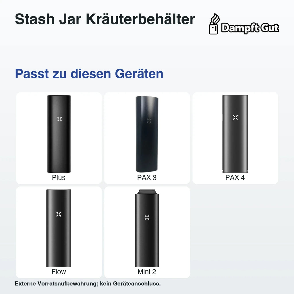 Stash Jar Kräuterbehälter – passende Geräte: Plus, PAX 3, PAX 4, Flow, Mini 2; Externe Vorratsaufbewahrung; kein Geräteanschluss.