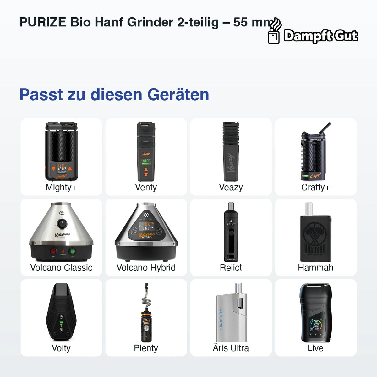 PURIZE Bio Hanf Grinder 2-teilig – 55 mm – passt zu diesen Vaporizern