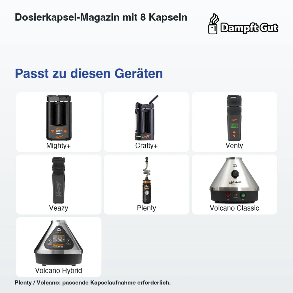 Dosierkapsel-Magazin mit 8 Kapseln – passende Geräte: Mighty+, Crafty+, Venty, Veazy, Plenty, Volcano Classic, Volcano Hybrid; Plenty und Volcano benötigen eine passende Kapselaufnahme