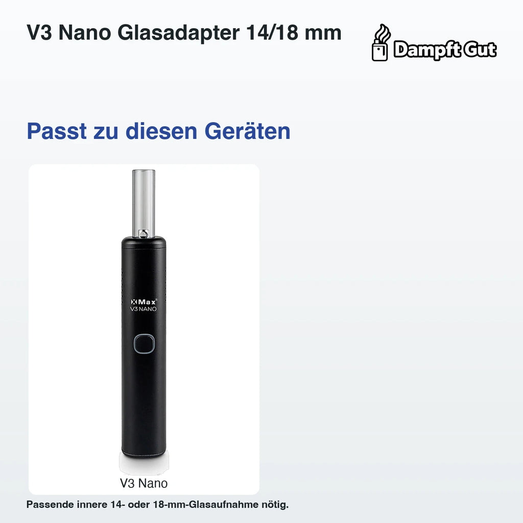 V3 Nano Glasadapter 14/18 mm – passende Geräte: V3 Nano; Passende innere 14- oder 18-mm-Glasaufnahme nötig.