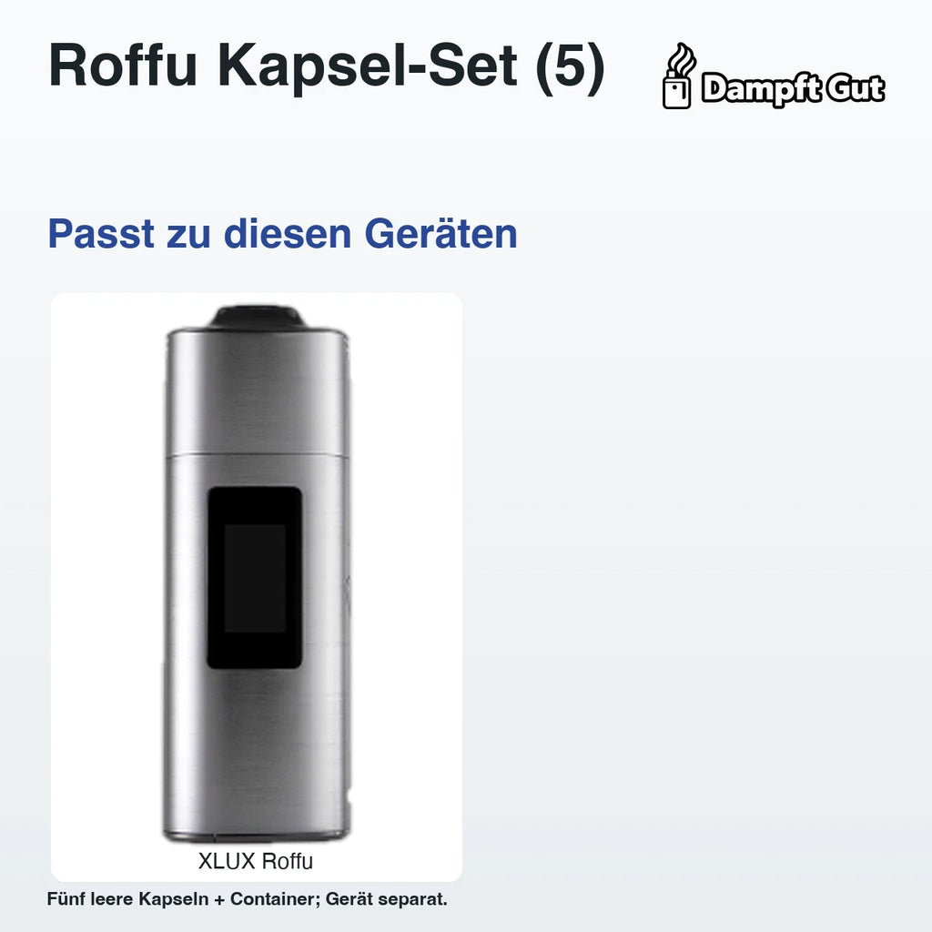 Roffu Kapsel-Container mit 5 Kapseln – passende Geräte: XLUX Roffu; Fünf leere Kapseln + Container; Gerät separat.